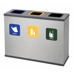 Coș de reciclare gri otel cu acoperire organica, cu 3 compartimente 3x60L – 180 litri
