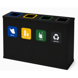 Coș de reciclare negru otel cu acoperire organica, cu 4 compartimente 4x60L – 240 litri
