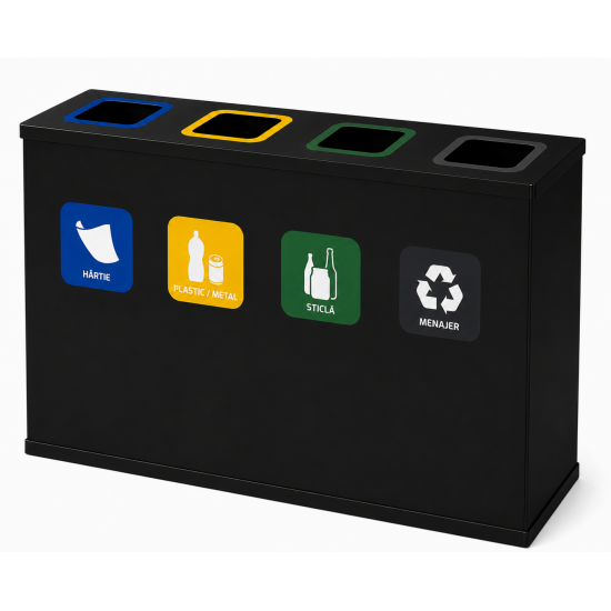 Coș de reciclare negru otel cu acoperire organica, cu 4 compartimente 4x60L – 240 litri