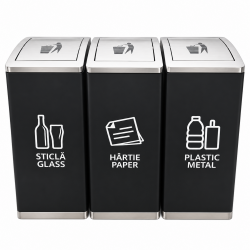 Cos de gunoi negru pentru colectare selectiva, inox, 3 compartimente