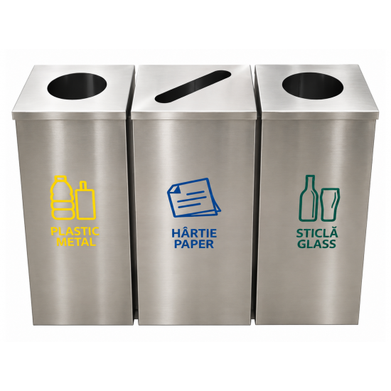 Cos de gunoi pentru colectare selectiva din inox, cu 3 compartimente Cos de gunoi pentru colectare selectiva din inox, cu 3 compartimente