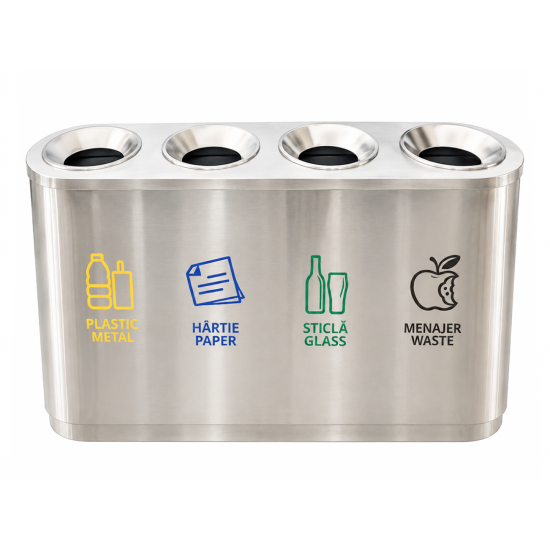 Cos de gunoi pentru colectare selectiva din inox, 4 compartimente