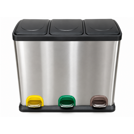 Cos de gunoi pentru colectare selectiva, inox, cu 3 compartimente si pedale, 3 x 20 L
