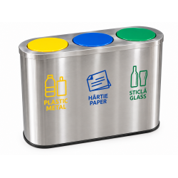 Cos de gunoi pentru colectare selectiva din inox, 3 compartimente, capace colorate