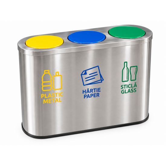 Cos de gunoi pentru colectare selectiva din inox, 3 compartimente, capace colorate