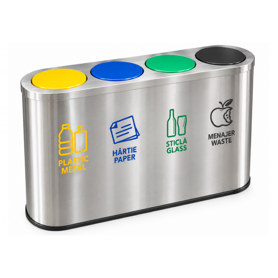 Cos de gunoi pentru colectare selectiva din inox, 4 compartimente, capace colorate Cos de gunoi pentru colectare selectiva din inox, 4 compartimente, capace colorate
