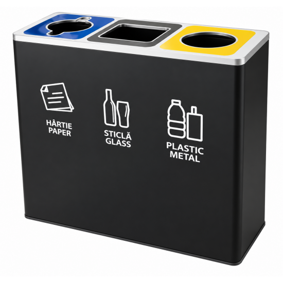 Cos de gunoi negru pentru colectare selectiva, 3 compartimente
