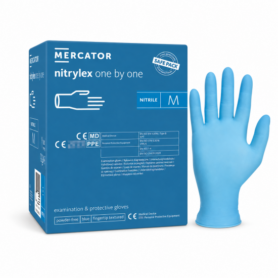 Manusi examinare din nitril albastre, nepudrate Nitrylex ONE by ONE 200buc/ cutie compatibile cu dispenserul SANMRC.KEUR010