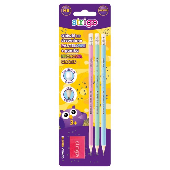 Set 3 creioane HB pastel+guma de sters NEON, in blister