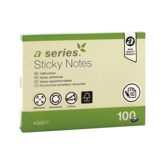 Notite adezive, A-Series, 100 x 75 mm, galben, 100 file Notite adezive, A-Series, 100 x 75 mm, galben, 100 file