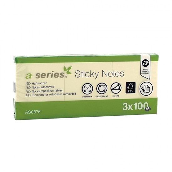 Notite adezive, A-Series, 50 x 40 mm, galben, 100 file, 3 bucati/set Notite adezive, A-Series, 50 x 40 mm, galben, 100 file, 3 bucati/set