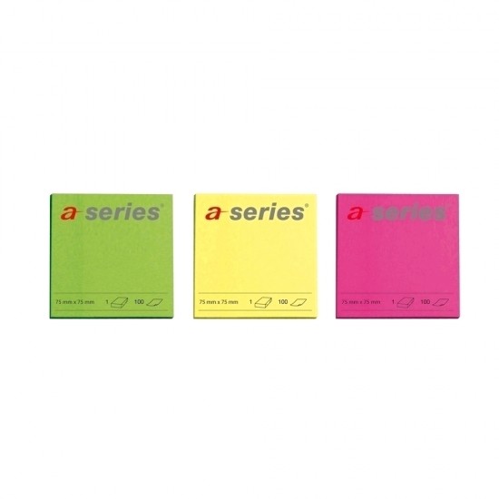 Notite adezive, A-Series, 75 x 75 mm, 100 file, neon, galben, roz, verde Notite adezive, A-Series, 75 x 75 mm, 100 file, neon, galben, roz, verde