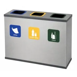Coș de reciclare gri otel cu acoperire organica, cu 3 compartimente 3x60L – 180 litri