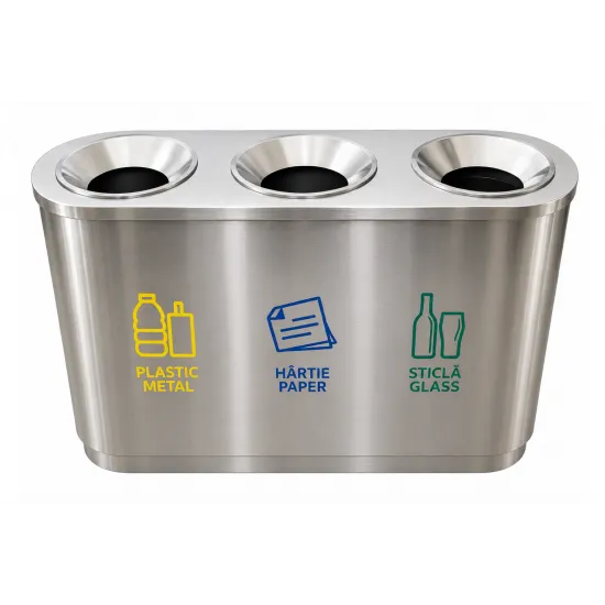 Cos de gunoi pentru colectare selectiva din inox cu 3 compartimente, 3x60L